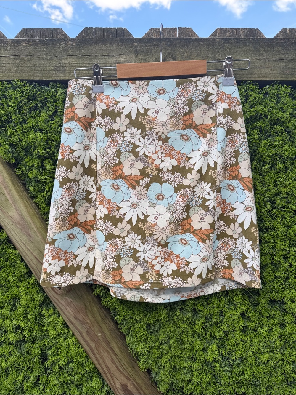 Altar’d State Floral A-Line Mini Skirt in Olive and Sky Blue